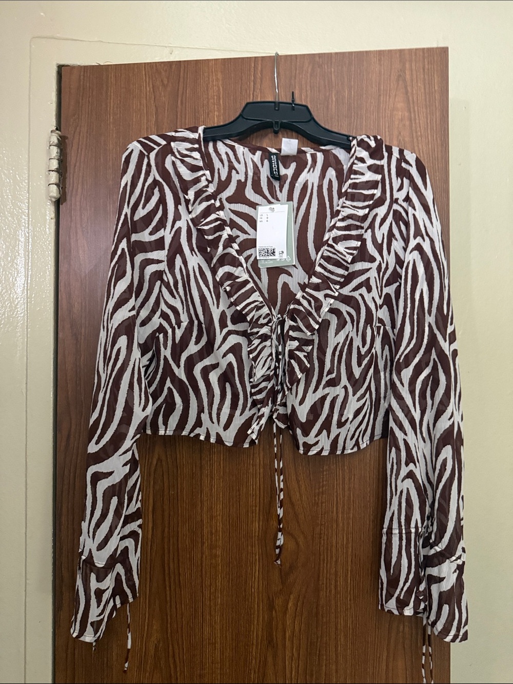 H&M Brown and White Zebra-Print Tie-Front Blouse